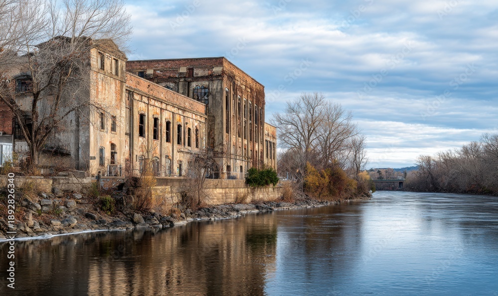 Obraz premium A building with a lot of windows is on the side of a river