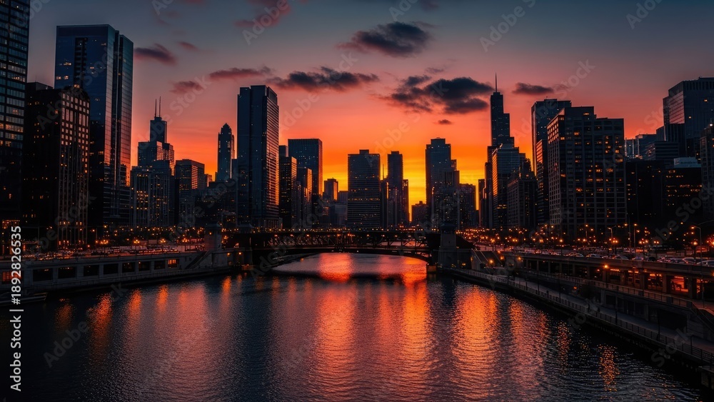 Obraz premium A serene cityscape at sunset with a river and bridge