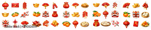 Chinese new year water-colored items collection with red lanterns, lion dance, lucky envelope, gold ingots, dumplings and festive ornaments as unique pattern design