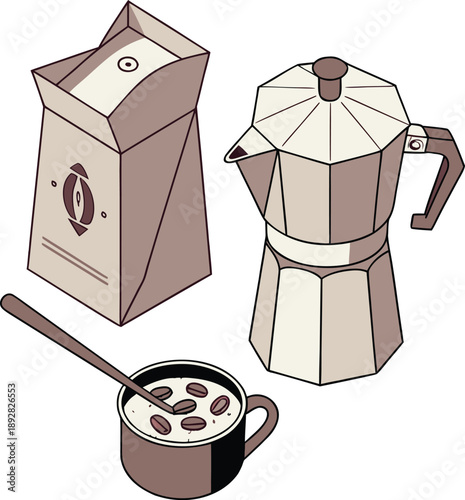 Cozy coffee setup with freshly brewed coffee, beans, and brewing equipment, perfect for a warm morning moment