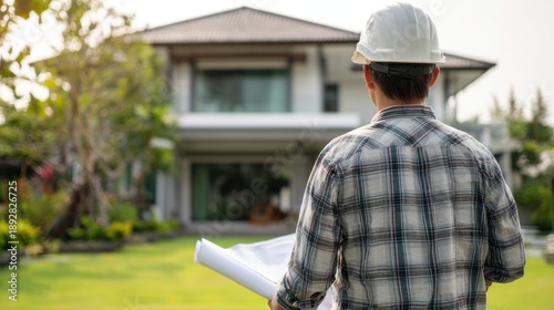Architect reviewing blueprints of modern home construction outdoors in daylight