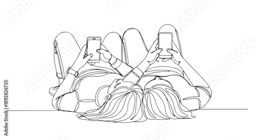 Two friends lying down and looking at their phones, a minimalist continuous line drawing illustration