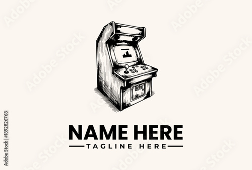 A black and white illustration of a vintage slot machine with a blank sign for a name and tagline on a plain background.