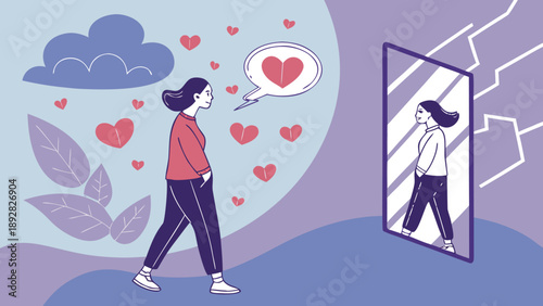 Woman walking away from reflective mirror with heart symbols and thoughts of love and self discovery