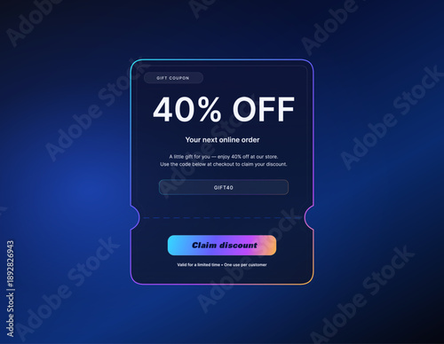 Modern 40% Off Gift Coupon UI on Blue Gradient Background. Digital gift coupon template with 40% off headline, promo code field, and claim button. Vector neon discount offer for UI, Mobile App