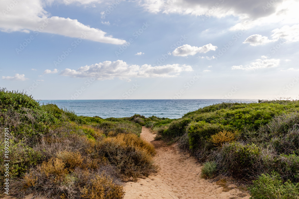 Fototapeta premium Sicilian coastline near Noto with green hills and sea.