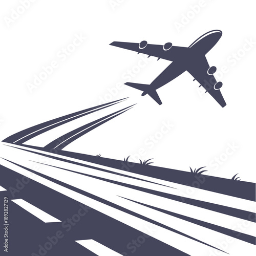 Dark blue airplane taking off from runway with white background