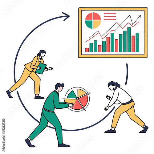 Business charts rotating in circular path with people