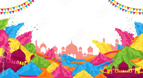 Vibrant Indian cultural festival celebration background with colorful powder heaps and traditional architectural silhouettes under festive decorative buntings