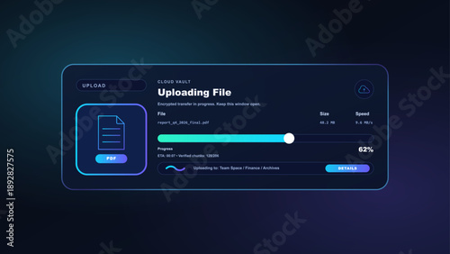 Cloud File Upload Interface with Progress Bar on Dark UI. Loading window in futuristic colors, bar interface for mobile App, Web site, dashboard. UI, UX upload. Vector graphic