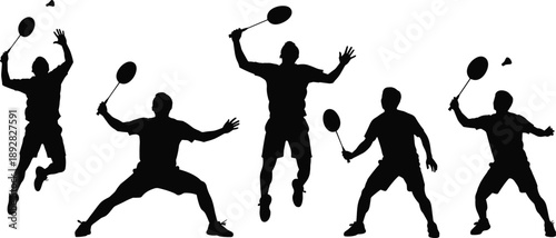 Badminton players silhouette set showing men jumping, smashing, and serving shuttlecock, dynamic sports action collection isolated on white background for fitness and competition concepts