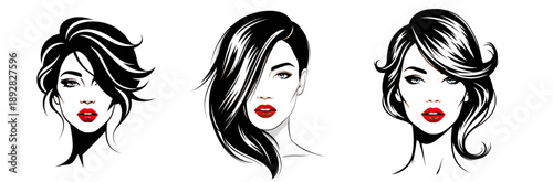 Three elegant women with stylish hair and red lipstick