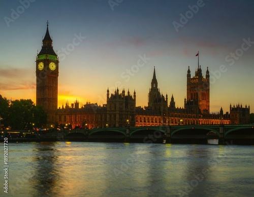 An iconic clock tower and historic palace silhouetted against a golden sunset in London. Shimmering river reflections create a timeless, majestic urban scene ideal for travel and tourism.