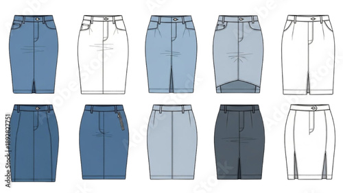 Collection of various pencil sketches and colored pencil renderings of women's skirts displayed together