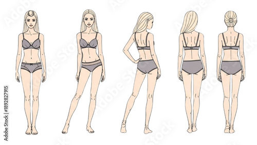 Fashion illustration of woman in bikini from multiple angles showcasing female physique