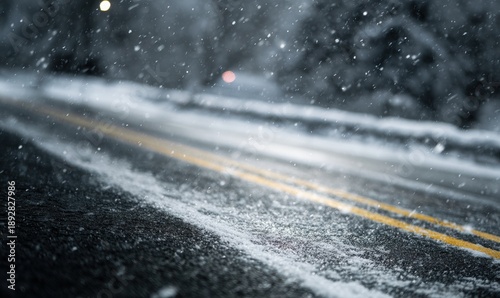 A road covered in snow with a yellow line