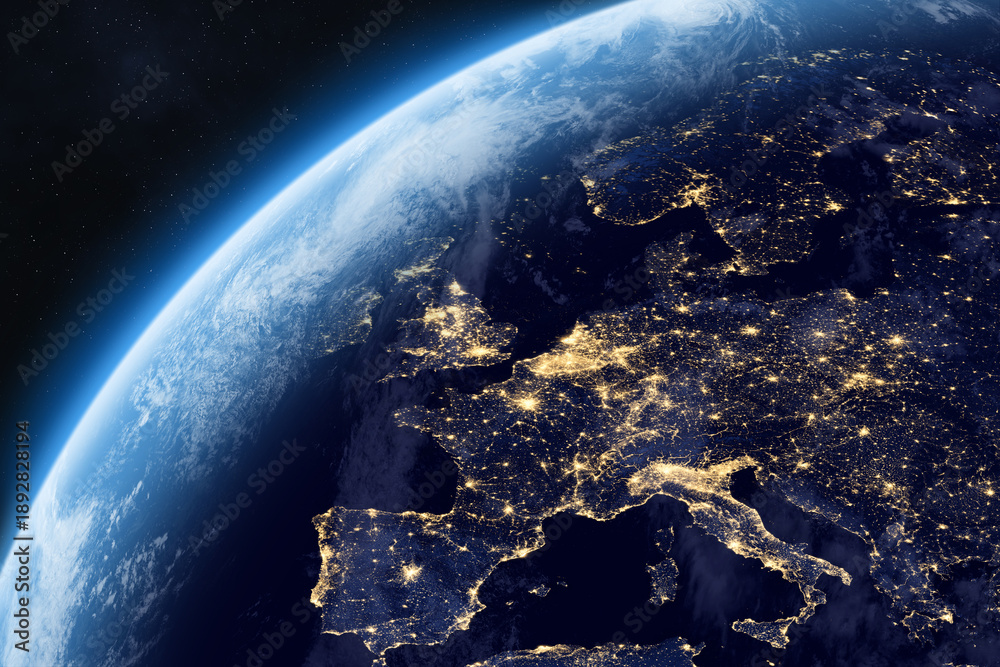 Fototapeta premium A view of the night side of the Earth. Europa as seen from space. Night on planet with cities lights. Northern, Southern, Eastern, and Western Europe at night viewed from space.
