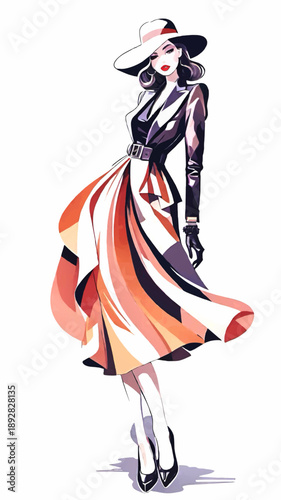 fashion lady in vintage outfit and hat watercolor vector illustration