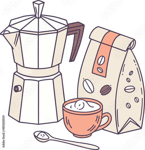 Delicious morning coffee setup with espresso maker and fresh beans