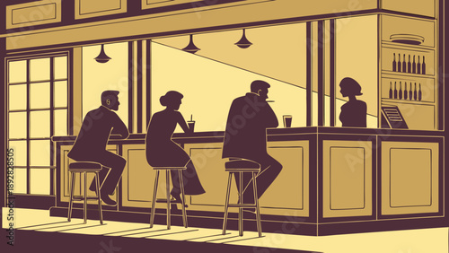 People socializing at a modern bar counter with bartender