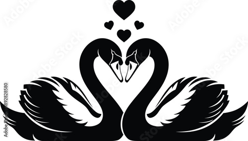 Two black swans forming a heart shape with their necks, symbolizing love and romance, with additional hearts above their heads in a graphic design.