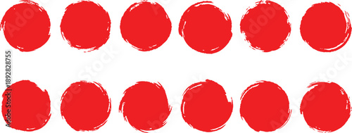 Collection of twelve vibrant red hand-drawn brush stroke circles with irregular edges on a white background, perfect for abstract design elements.