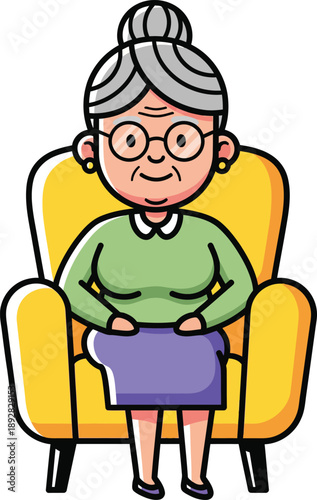 A cheerful elderly woman with a grey hair bun and glasses sitting comfortably in a bright yellow armchair.