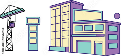 Cityscape icon set with building, billboard, and crane. Includes urban landscape elements. Created in colorful flat style with purple, yellow, and blue palette.