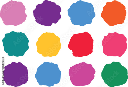 A grid of twelve colorful, irregular, organic blob shapes resembling paint splatters or inkblots on a white background.