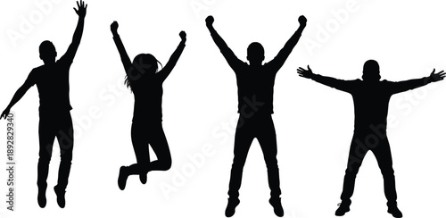 Black Silhouettes of Happy People Jumping with Raised Arms, Showing Celebration, Success, Freedom, Motivation, Team Spirit, Achievement, and Positive Energy Concept