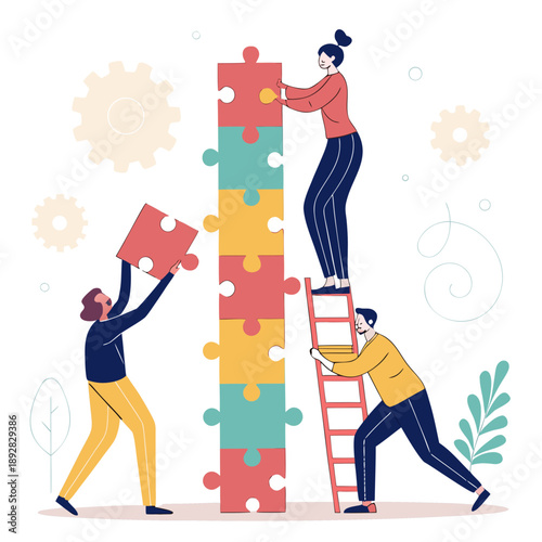 Group arranging puzzle into stacked blocks teamwork