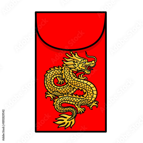 A vibrant red envelope featuring a golden dragon illustration, symbolizing luck and prosperity in Asian cultures, viewed from the front.