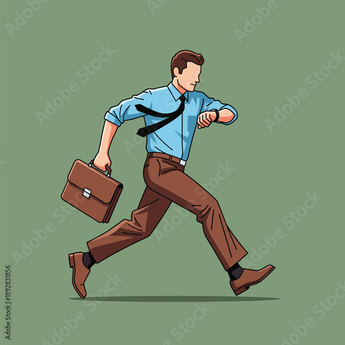 Anxious businessman in a blue shirt and brown pants running late checking his watch while carrying a briefcase.