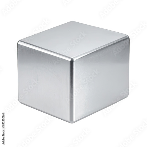 A highly reflective silver metallic cube isolated on a black background.