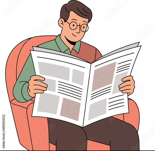 Cartoon man with glasses and a green shirt reading a newspaper while relaxing in a pink armchair.