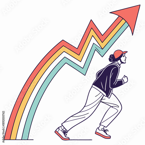 Man running up colorful zigzag arrow graph on white