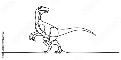A simple continuous line drawing of a dinosaur raptor walking on a clean white background Vector, illustration