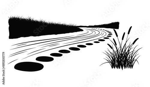 Black silhouette of a winding path of stepping stones across a stream with grass and reeds Keywords: path, stepping stones, stream, water, nature, landscape, silhouette, black and white, reeds