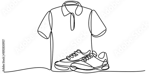 Minimalism continuous line art of a stylish polo shirt and a pair of athletic sneakers Vector, illustration