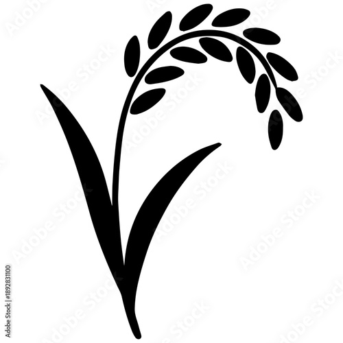 Simple Black and White Rice Stalk Logo Icon Silhouette, Agriculture Symbol