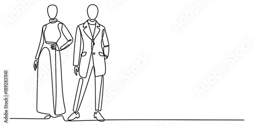 Single continuous line art drawing of a stylish couple showcasing modern fashion Vector, illustration