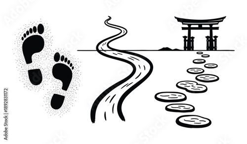 Footprints on a path leading to a torii gate with a winding road and stepping stones Keywords: footprints, path, trail, journey, steps, stepping stones, road, winding, curved, torii gate, shrine