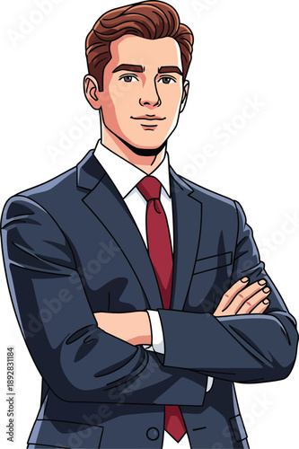 Confident young businessman in a dark suit and red tie posing with arms crossed.
