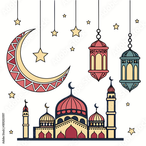 Ramadan and Islamic decorative elements featuring a crescent moon and ornate stars, ideal for religious celebrations and cultural designs.