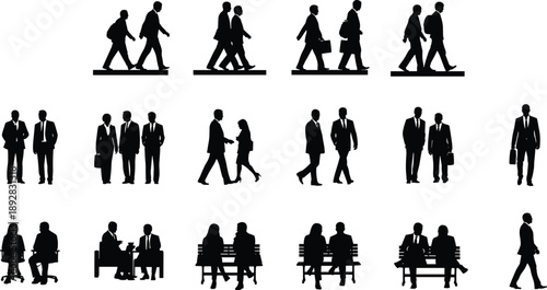 Business people silhouettes set showing walking, meeting, sitting, handshake, teamwork, corporate lifestyle, professional communication, office workers isolated on white background vector illustration