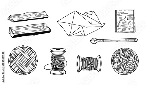 Hand Drawn Objects Including Wood, Origami, Thread Spools, and Woven Mats Keywords: hand drawn, illustration, wood, lumber, logs, origami, paper, folded, geometric, thread, spool, sewing, needle