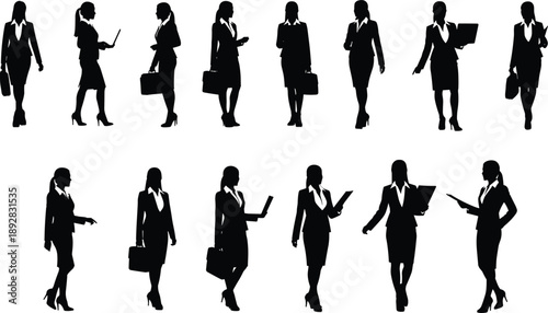 Business women silhouettes collection showing professional female executives walking, working with laptop and documents, carrying briefcases in corporate office poses isolated on white background 