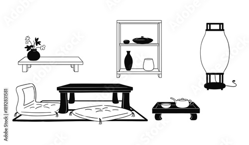 Japanese Interior Elements Low Table Floor Cushions Shelf and Lantern vector