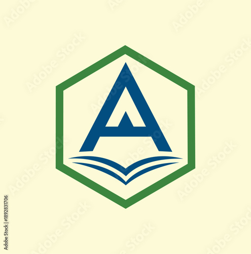 minimalist monogram logo with the letter a and a book symbol inside a thick green hexagonal border.