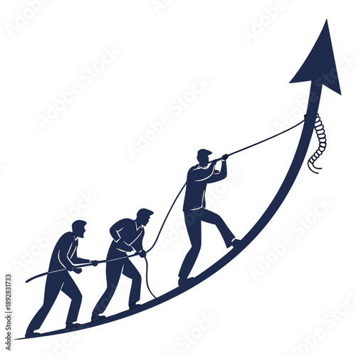 Multiple figures pulling rope attached to rising curved arrow